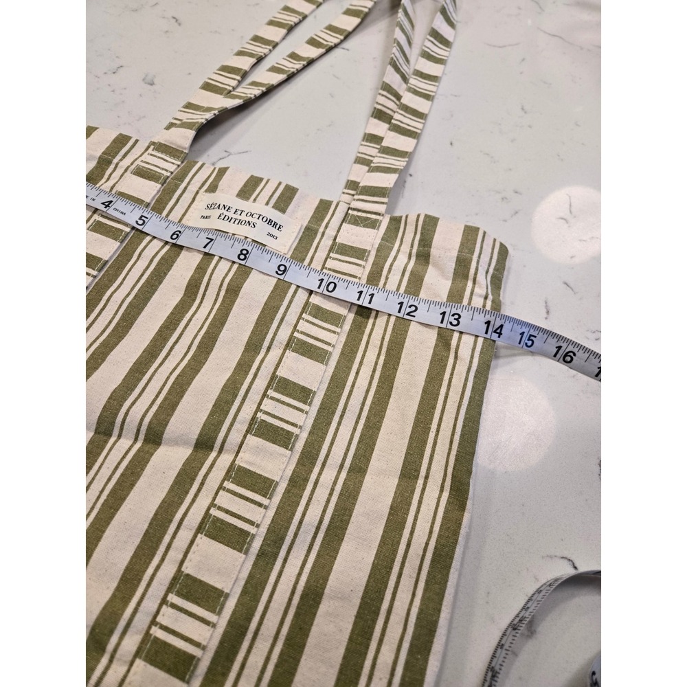 Sezane et Octobre Editions Paris Striped Canvas Tote Bag Olive Green Cream - Picture 7 of 9